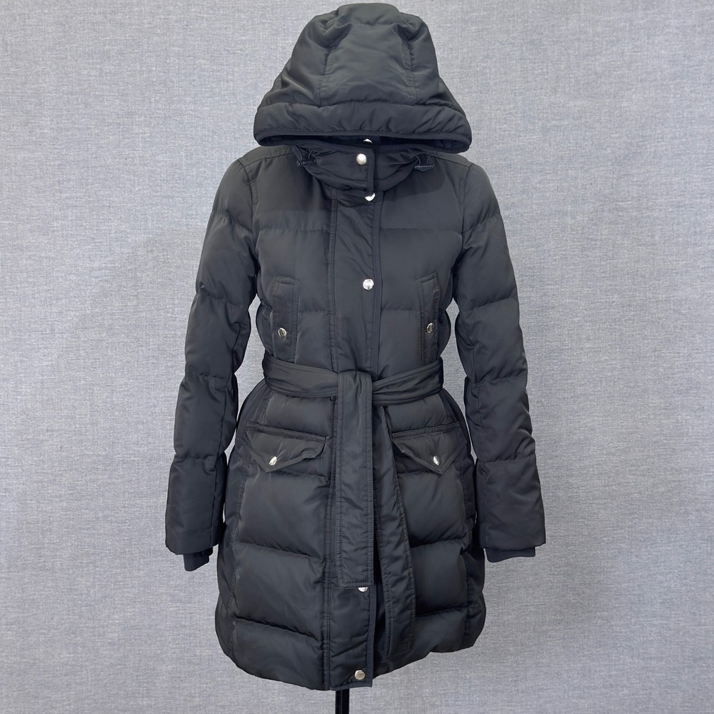 J.Crew Womens Gray Belted Long Down Puffer Coat Hooded Winter Jacket PS